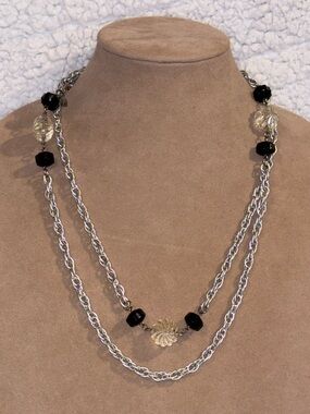 Vintage Sarah Coventry Long Silver Tone Chain Necklace Black Lucite Beads